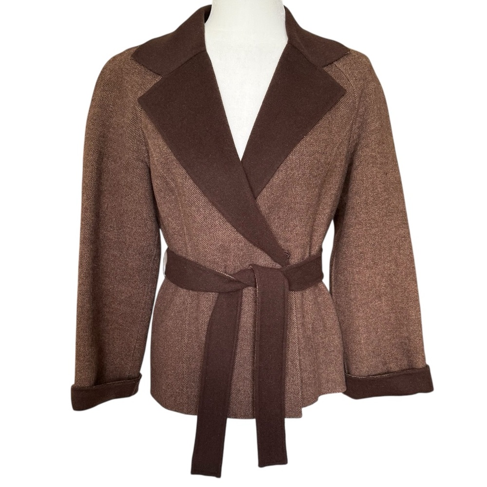 A. GIANNETTI Brown Wool Blend Tweed Snap Front Belted Blazer/Jacket Size S